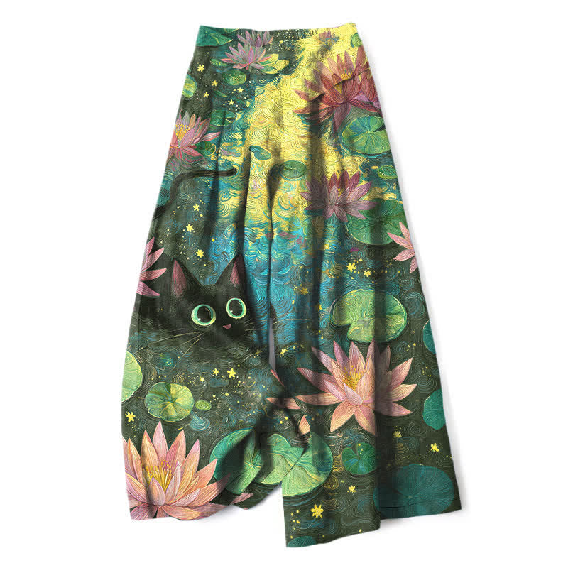 Nimara Ritual Cotton Linen Celestial Floral Cat Lotus Pattern Women's Elastic Waist Wide Leg Pants With Pockets