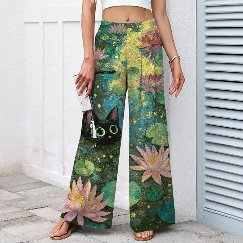 Nimara Ritual Cotton Linen Celestial Floral Cat Lotus Pattern Women's Elastic Waist Wide Leg Pants With Pockets