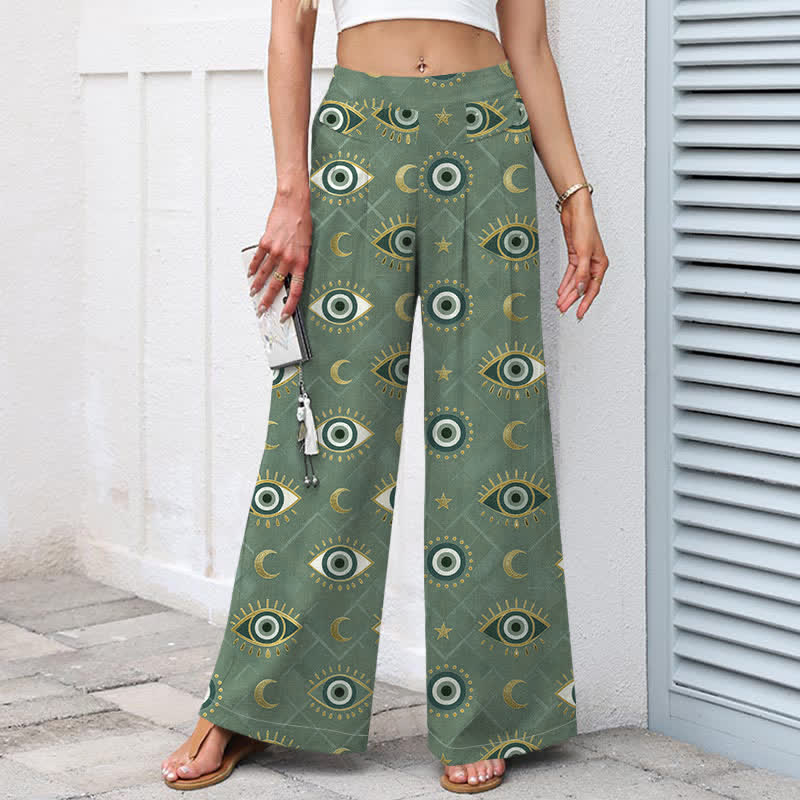 Nimara Ritual Cotton Linen Evil Eye Moon Pattern Women's Elastic Waist Wide Leg Pants With Pockets