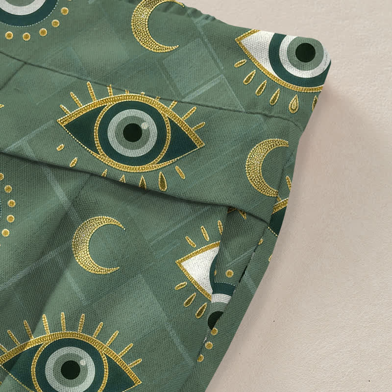 Nimara Ritual Cotton Linen Evil Eye Moon Pattern Women's Elastic Waist Wide Leg Pants With Pockets