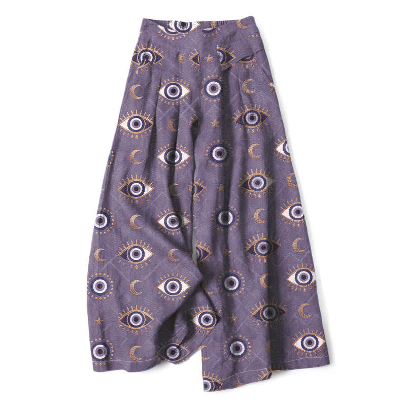 Nimara Ritual Cotton Linen Evil Eye Moon Pattern Women's Elastic Waist Wide Leg Pants With Pockets