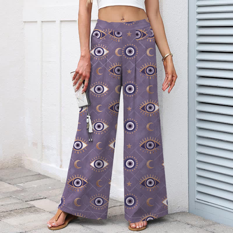 Nimara Ritual Cotton Linen Evil Eye Moon Pattern Women's Elastic Waist Wide Leg Pants With Pockets
