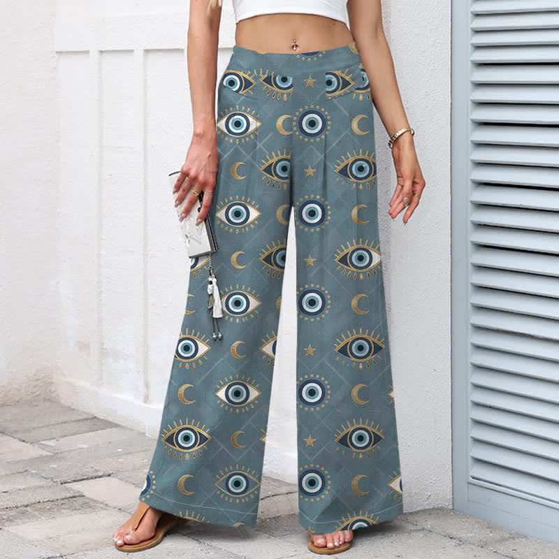 Nimara Ritual Cotton Linen Evil Eye Moon Pattern Women's Elastic Waist Wide Leg Pants With Pockets