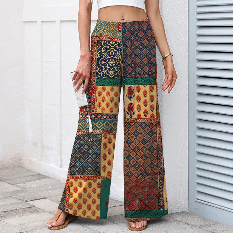 Nimara Ritual Cotton Linen Vintage Floral Pattern Women's Elastic Waist Wide Leg Pants With Pockets