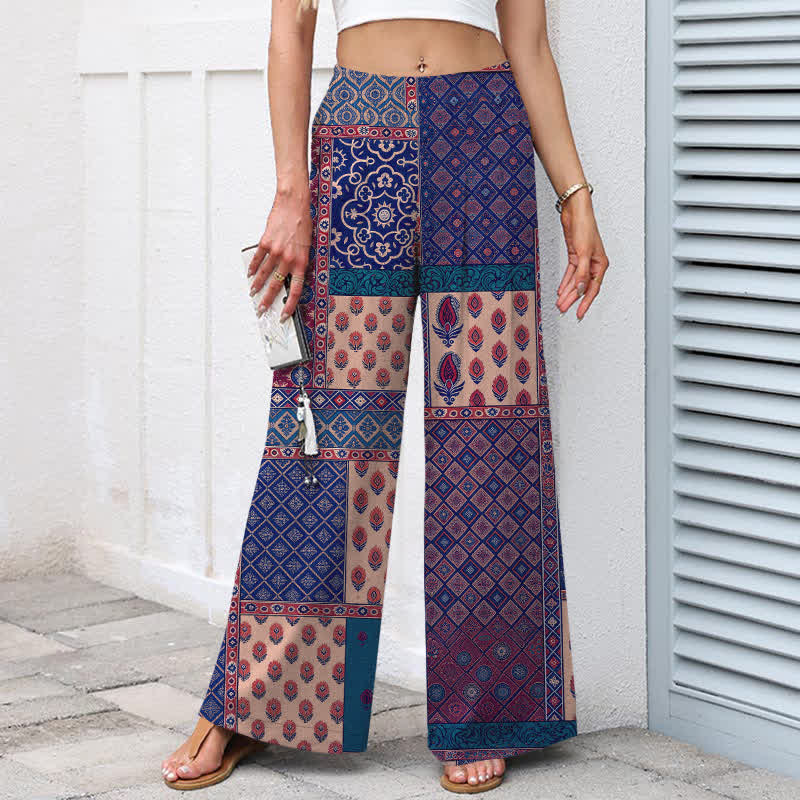 Nimara Ritual Cotton Linen Vintage Floral Pattern Women's Elastic Waist Wide Leg Pants With Pockets