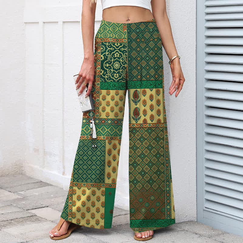 Nimara Ritual Cotton Linen Vintage Floral Pattern Women's Elastic Waist Wide Leg Pants With Pockets