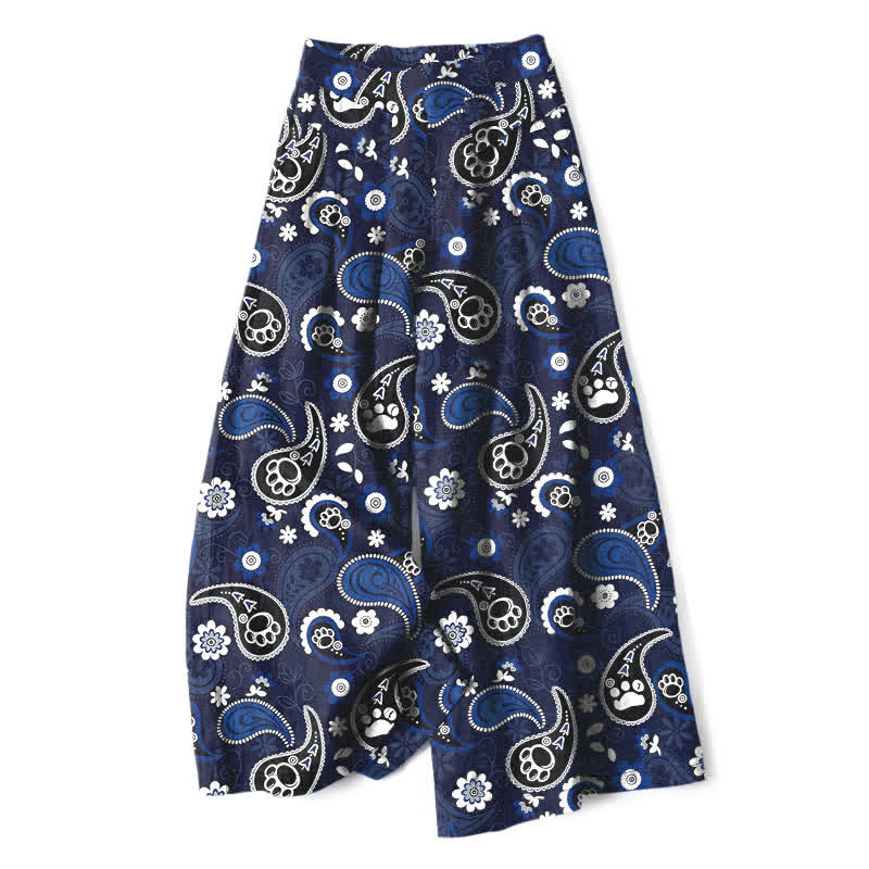 Nimara Ritual Cotton Linen Vintage Paisley Floral Pattern Women's Elastic Waist Wide Leg Pants With Pockets