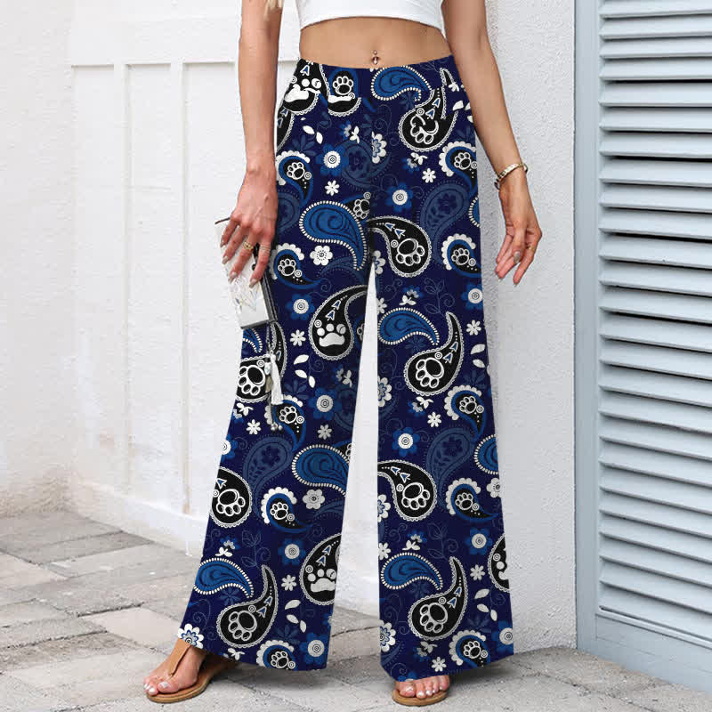 Nimara Ritual Cotton Linen Vintage Paisley Floral Pattern Women's Elastic Waist Wide Leg Pants With Pockets