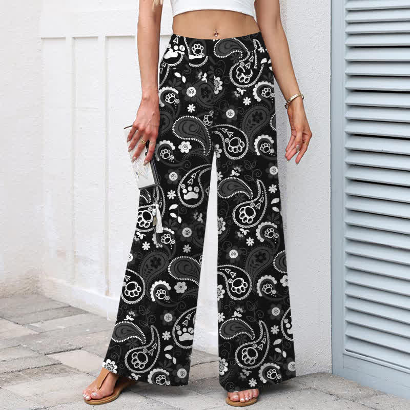 Nimara Ritual Cotton Linen Vintage Paisley Floral Pattern Women's Elastic Waist Wide Leg Pants With Pockets