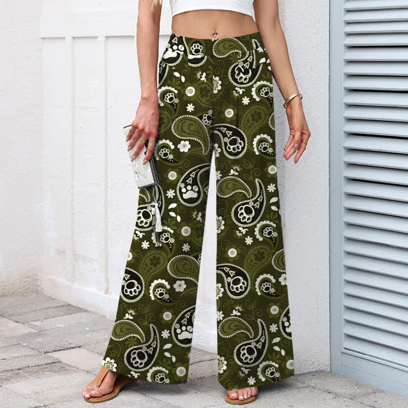 Nimara Ritual Cotton Linen Vintage Paisley Floral Pattern Women's Elastic Waist Wide Leg Pants With Pockets