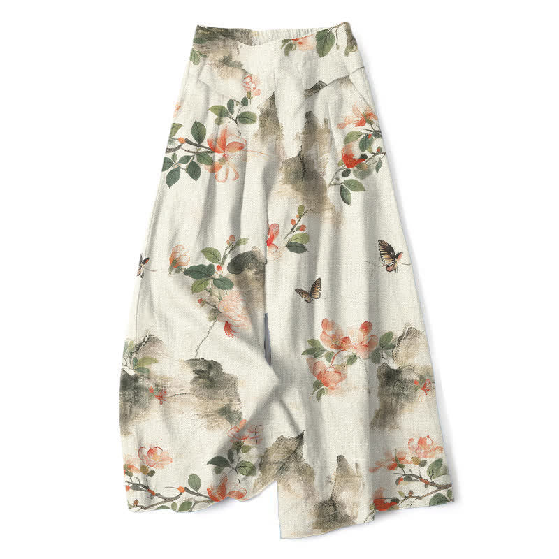Nimara Ritual Cotton Linen Vintage Floral Pattern Women's Elastic Waist Wide Leg Pants With Pockets