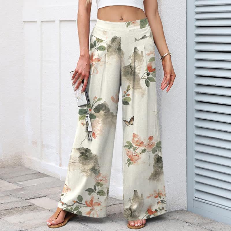 Nimara Ritual Cotton Linen Vintage Floral Pattern Women's Elastic Waist Wide Leg Pants With Pockets