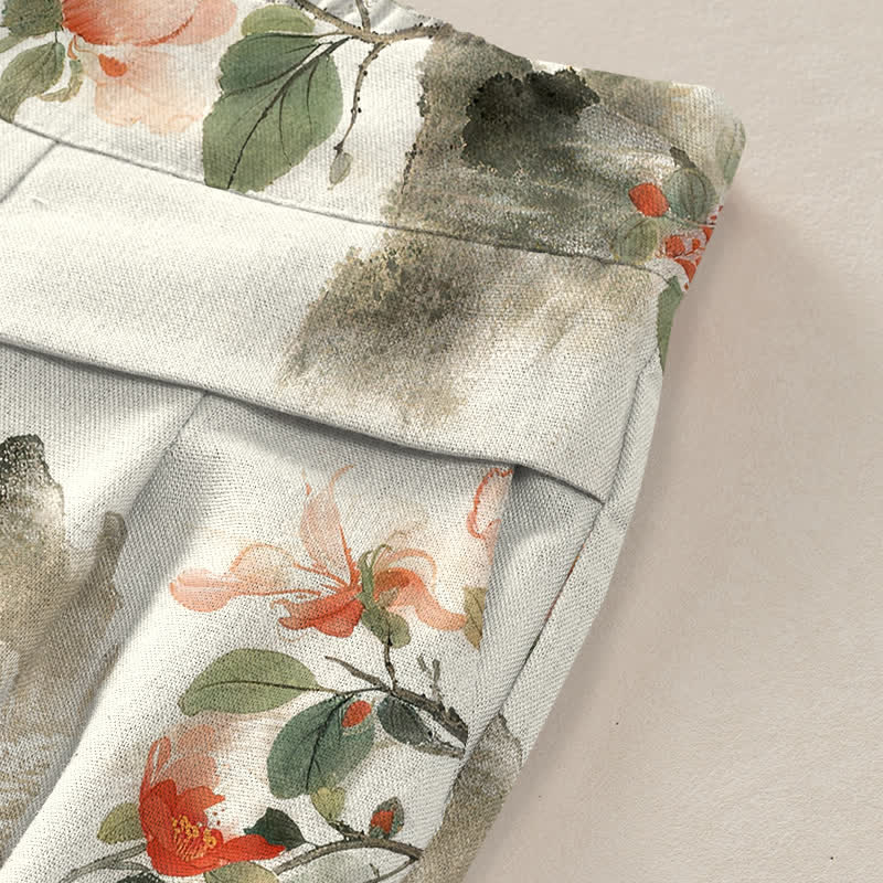Nimara Ritual Cotton Linen Vintage Floral Pattern Women's Elastic Waist Wide Leg Pants With Pockets