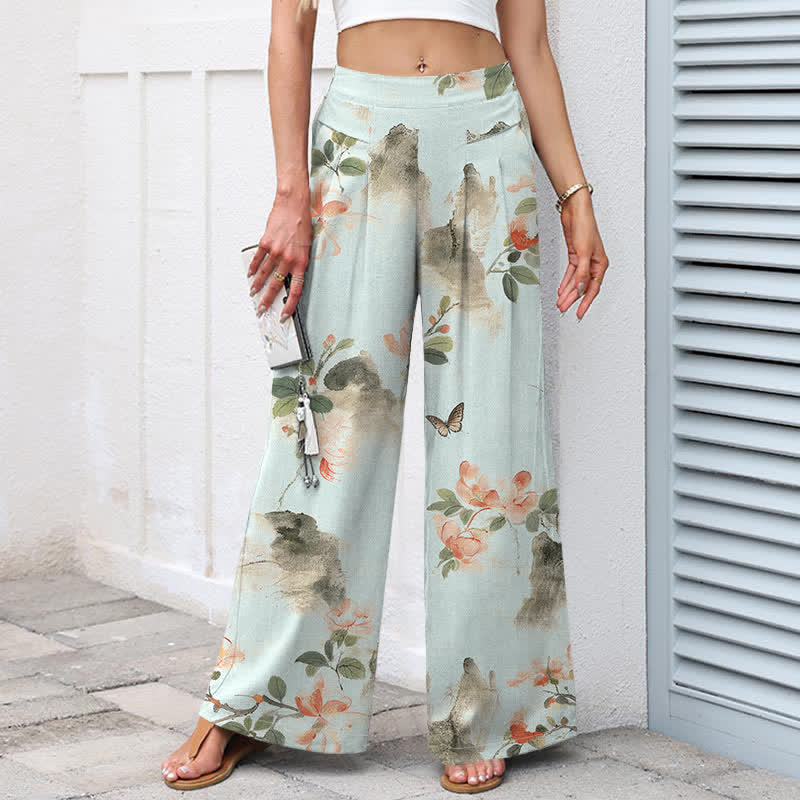 Nimara Ritual Cotton Linen Vintage Floral Pattern Women's Elastic Waist Wide Leg Pants With Pockets