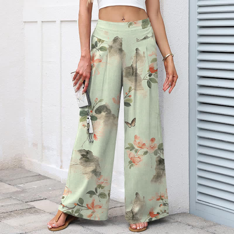 Nimara Ritual Cotton Linen Vintage Floral Pattern Women's Elastic Waist Wide Leg Pants With Pockets