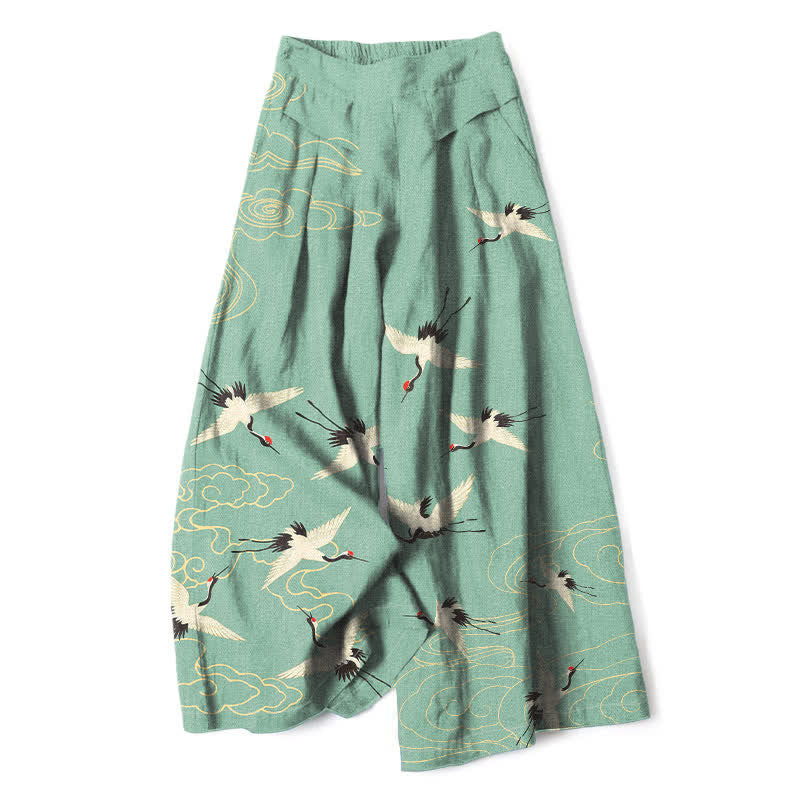 Nimara Ritual Cotton Linen Vintage Crane Cloud Pattern Women's Elastic Waist Wide Leg Pants With Pockets