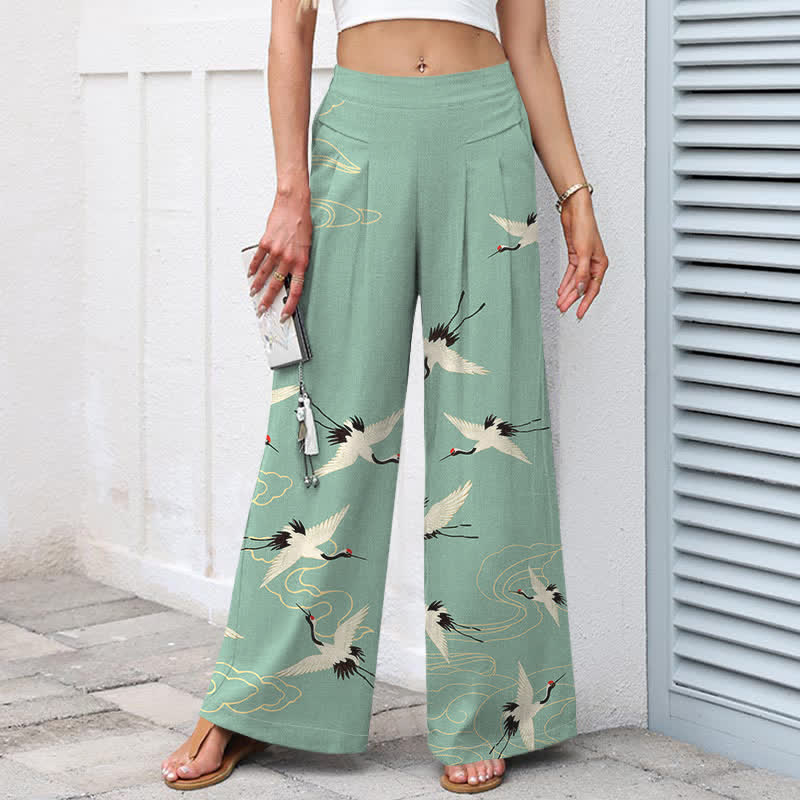 Nimara Ritual Cotton Linen Vintage Crane Cloud Pattern Women's Elastic Waist Wide Leg Pants With Pockets