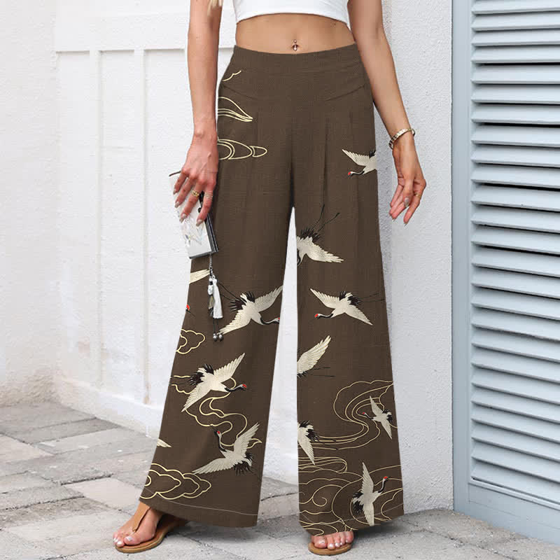 Nimara Ritual Cotton Linen Vintage Crane Cloud Pattern Women's Elastic Waist Wide Leg Pants With Pockets