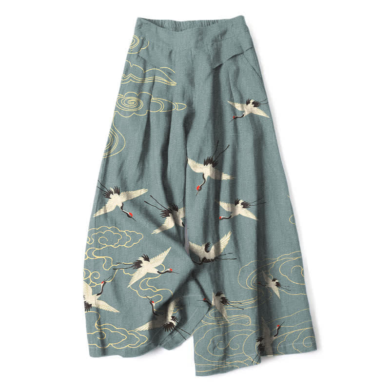 Nimara Ritual Cotton Linen Vintage Crane Cloud Pattern Women's Elastic Waist Wide Leg Pants With Pockets