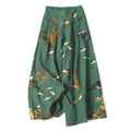 Nimara Ritual Cotton Linen White Crane Floral Pattern Women's Elastic Waist Wide Leg Pants With Pockets