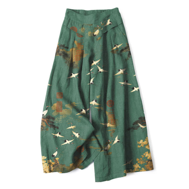Nimara Ritual Cotton Linen White Crane Floral Pattern Women's Elastic Waist Wide Leg Pants With Pockets