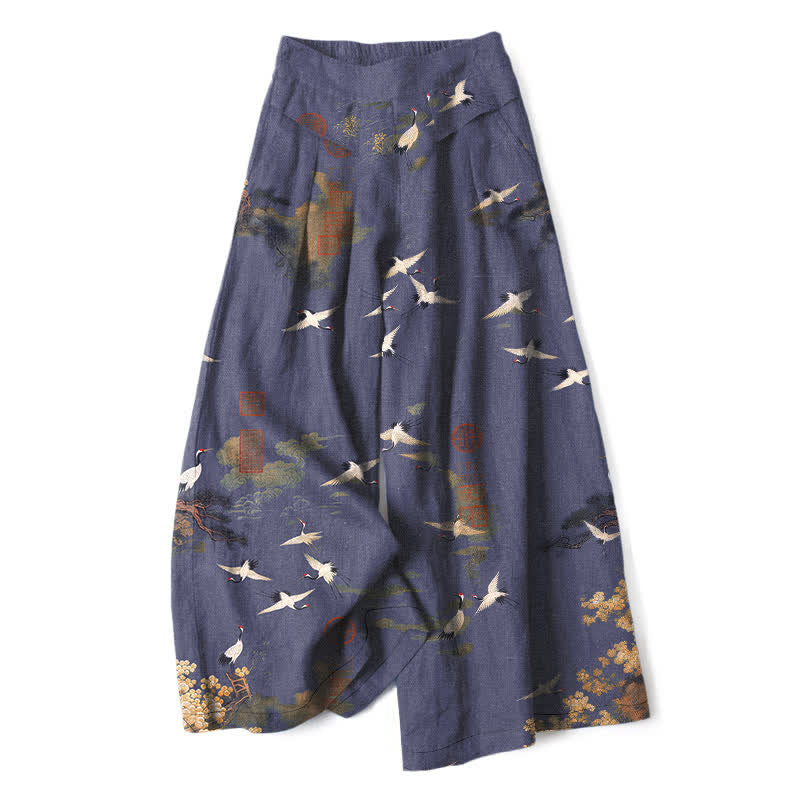 Nimara Ritual Cotton Linen White Crane Floral Pattern Women's Elastic Waist Wide Leg Pants With Pockets