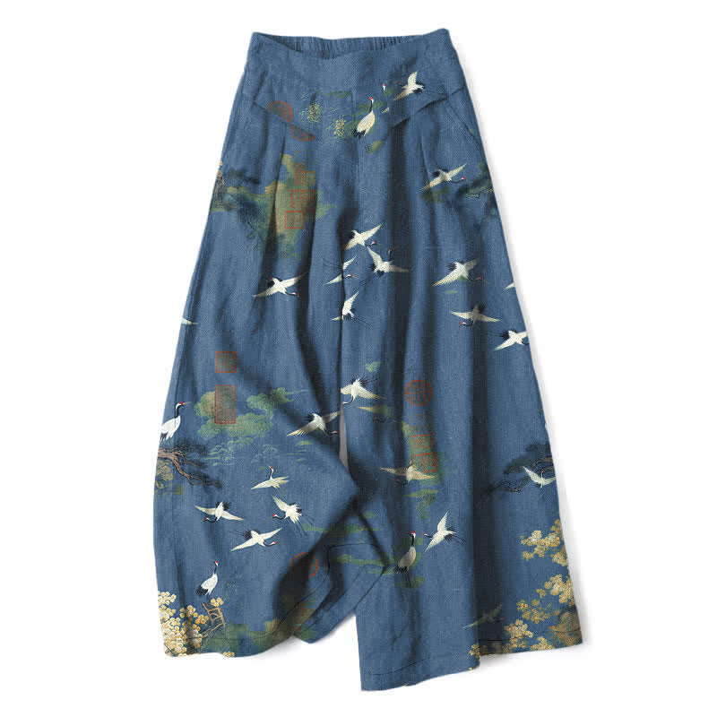 Nimara Ritual Cotton Linen White Crane Floral Pattern Women's Elastic Waist Wide Leg Pants With Pockets