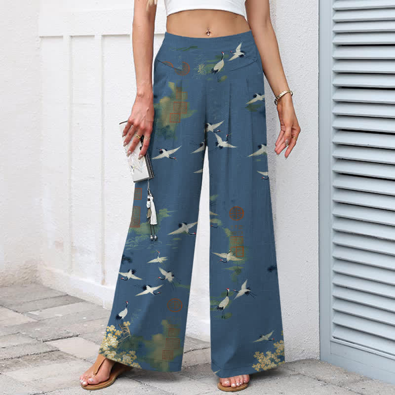 Nimara Ritual Cotton Linen White Crane Floral Pattern Women's Elastic Waist Wide Leg Pants With Pockets
