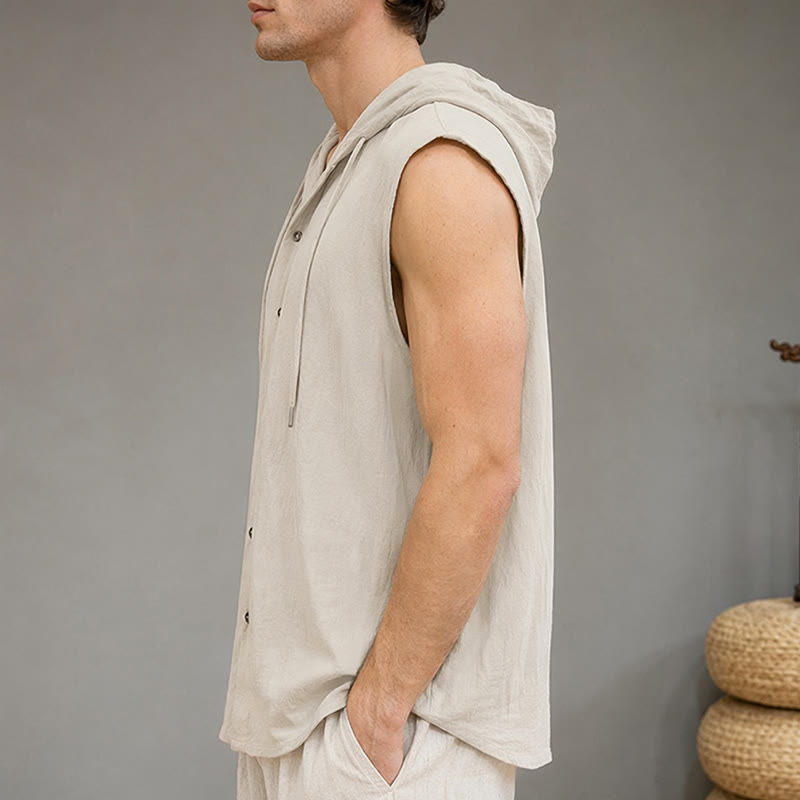 Nimara Ritual Summer Casual Minimalist Button-Up Drawstring Solid Tank Top Men's Sleeveless Shirts