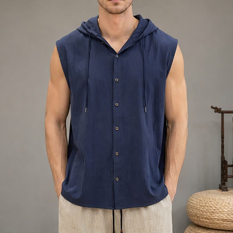 Nimara Ritual Summer Casual Minimalist Button-Up Drawstring Solid Tank Top Men's Sleeveless Shirts