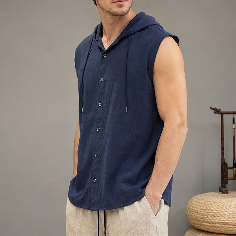 Nimara Ritual Summer Casual Minimalist Button-Up Drawstring Solid Tank Top Men's Sleeveless Shirts