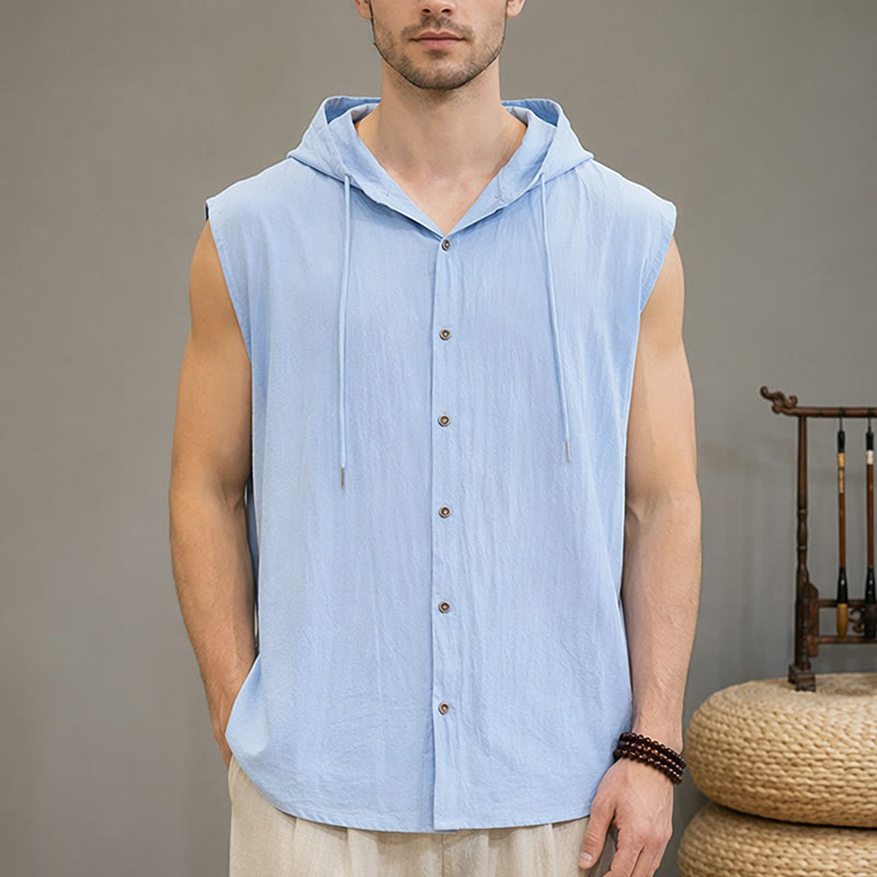 Nimara Ritual Summer Casual Minimalist Button-Up Drawstring Solid Tank Top Men's Sleeveless Shirts