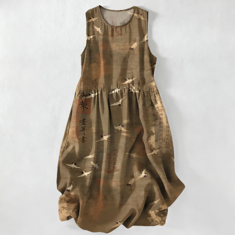 Nimara Ritual Summer Casual Oriental Flying Crane Calligraphy Pattern Women's Summer Sleeveless Midi Dress With Pockets