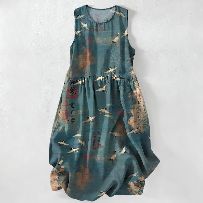 Nimara Ritual Summer Casual Oriental Flying Crane Calligraphy Pattern Women's Summer Sleeveless Midi Dress With Pockets