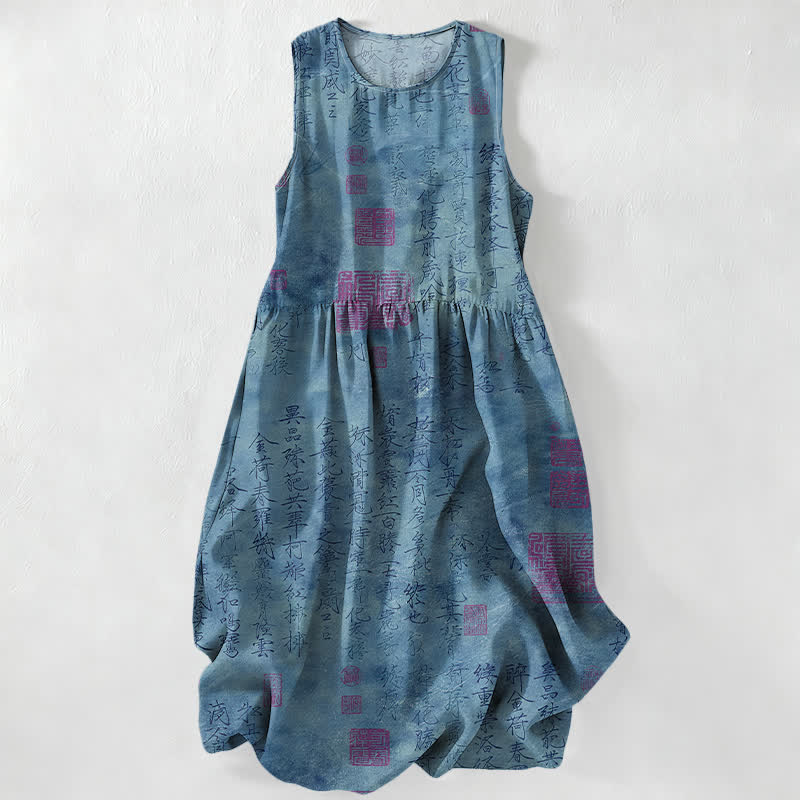 Nimara Ritual Summer Casual Chinese Calligraphy Seal Pattern Women's Summer Sleeveless Midi Dress With Pockets