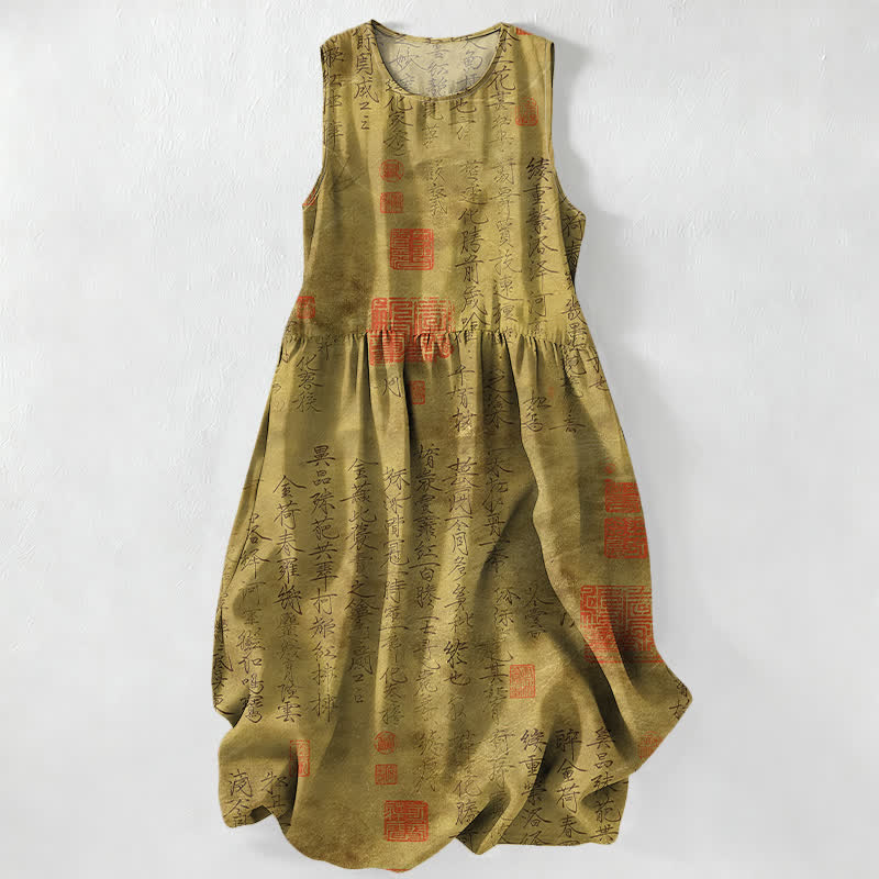 Nimara Ritual Summer Casual Chinese Calligraphy Seal Pattern Women's Summer Sleeveless Midi Dress With Pockets