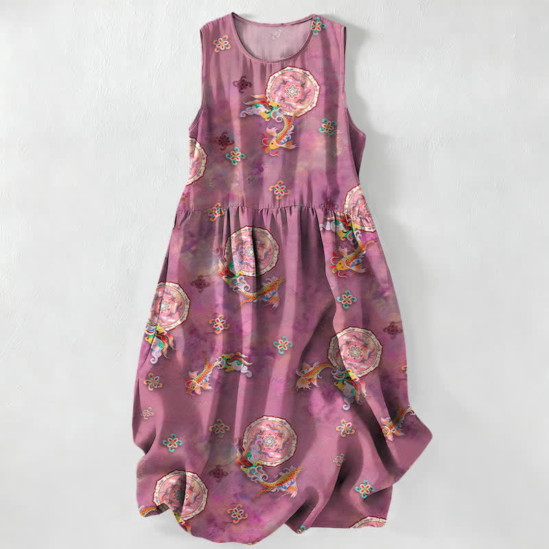 Nimara Ritual Summer Casual Vintage Floral Medallions Leaves Pattern Women's Summer Sleeveless Midi Dress With Pockets