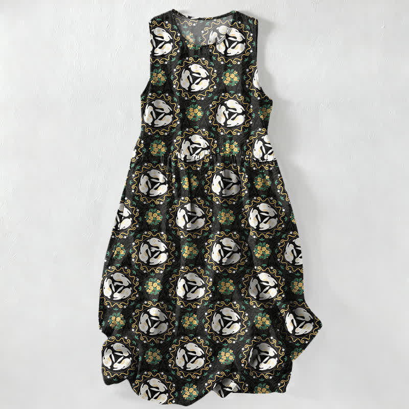 Nimara Ritual Summer Casual Vintage Floral Medallions Leaves Pattern Women's Summer Sleeveless Midi Dress With Pockets
