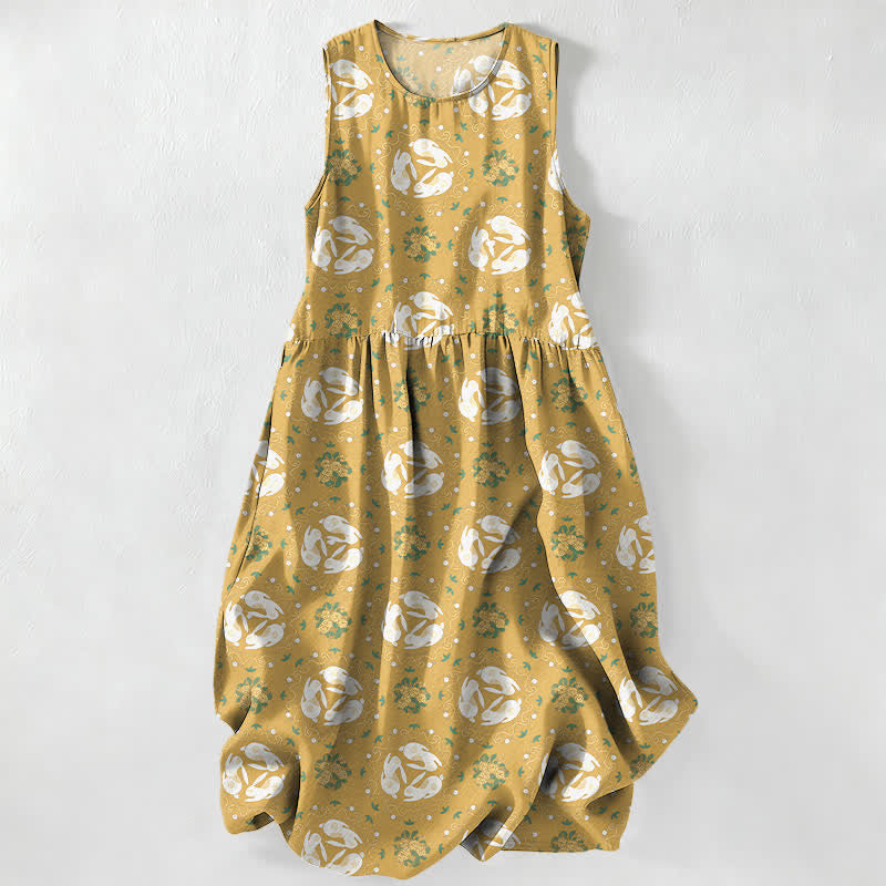 Nimara Ritual Summer Casual Vintage Floral Medallions Leaves Pattern Women's Summer Sleeveless Midi Dress With Pockets