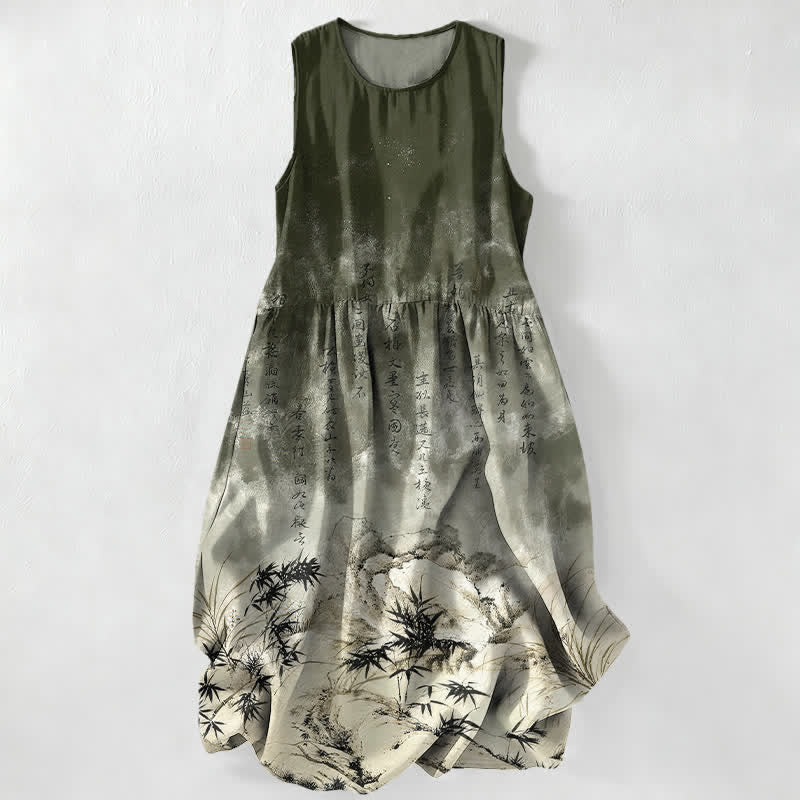 Nimara Ritual Summer Casual Ink Bamboo Landscape Pattern Women's Summer Sleeveless Midi Dress With Pockets