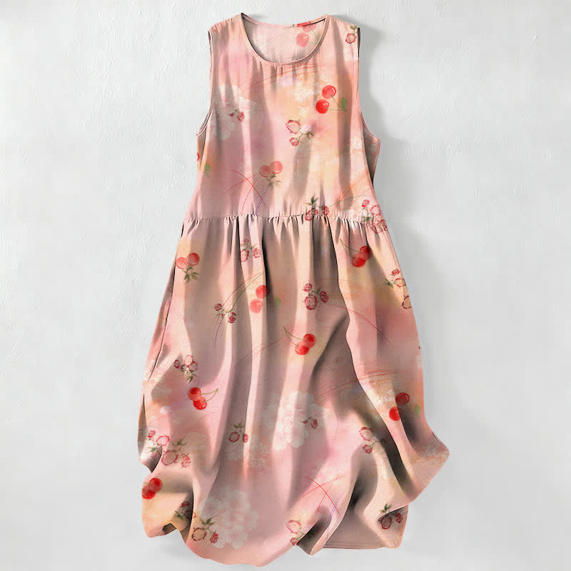 Nimara Ritual Summer Casual Sweet Cherry Floral Pattern Women's Summer Sleeveless Midi Dress With Pockets