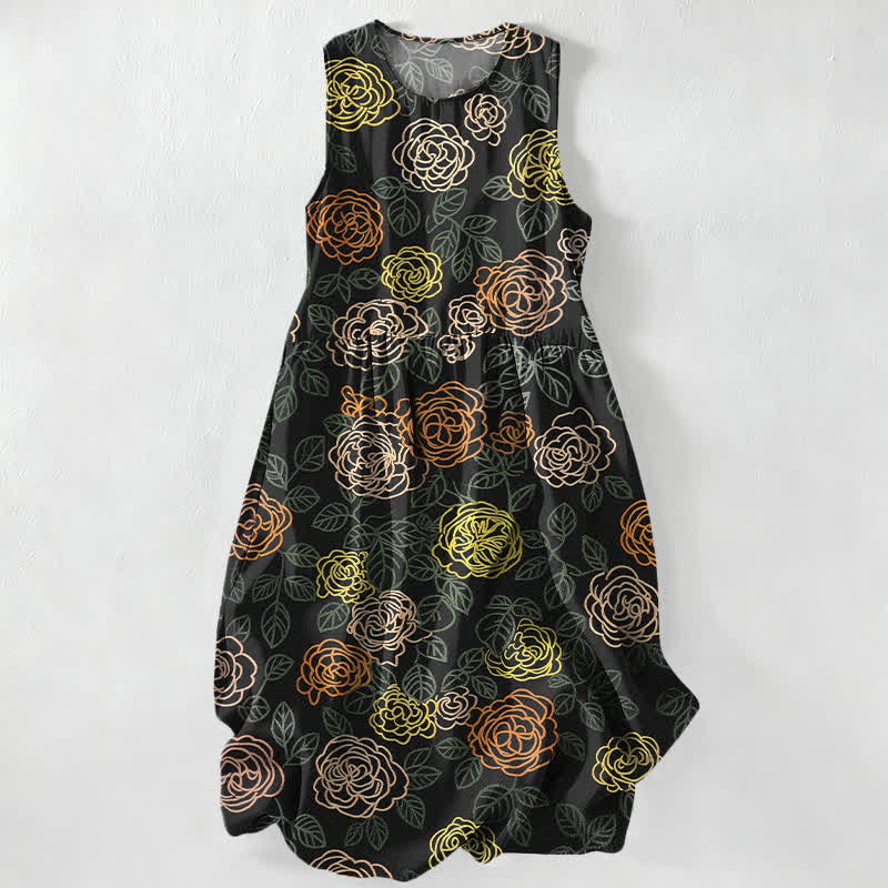 Nimara Ritual Summer Casual Colorful Floral Sketch Pattern Women's Summer Sleeveless Midi Dress With Pockets