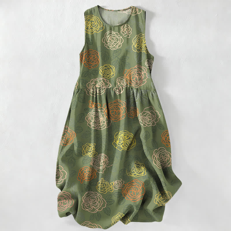 Nimara Ritual Summer Casual Colorful Floral Sketch Pattern Women's Summer Sleeveless Midi Dress With Pockets