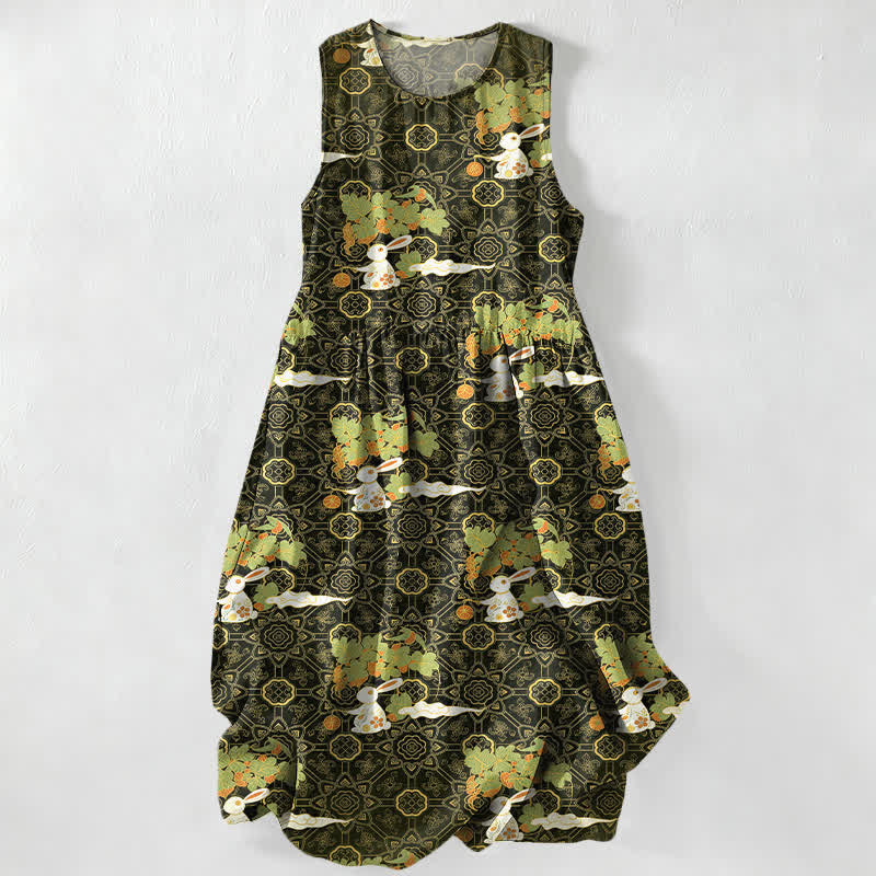 Nimara Ritual Summer Casual Vintage Floral Medallions Leaves Pattern Women's Summer Sleeveless Midi Dress With Pockets