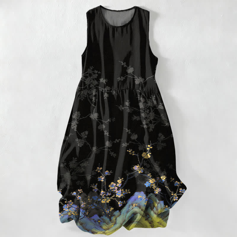 Nimara Ritual Summer Casual Vintage Floral Branches Pattern Women's Summer Sleeveless Midi Dress With Pockets