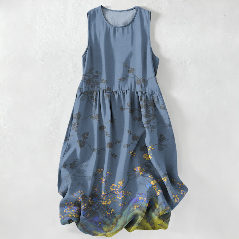 Nimara Ritual Summer Casual Vintage Floral Branches Pattern Women's Summer Sleeveless Midi Dress With Pockets