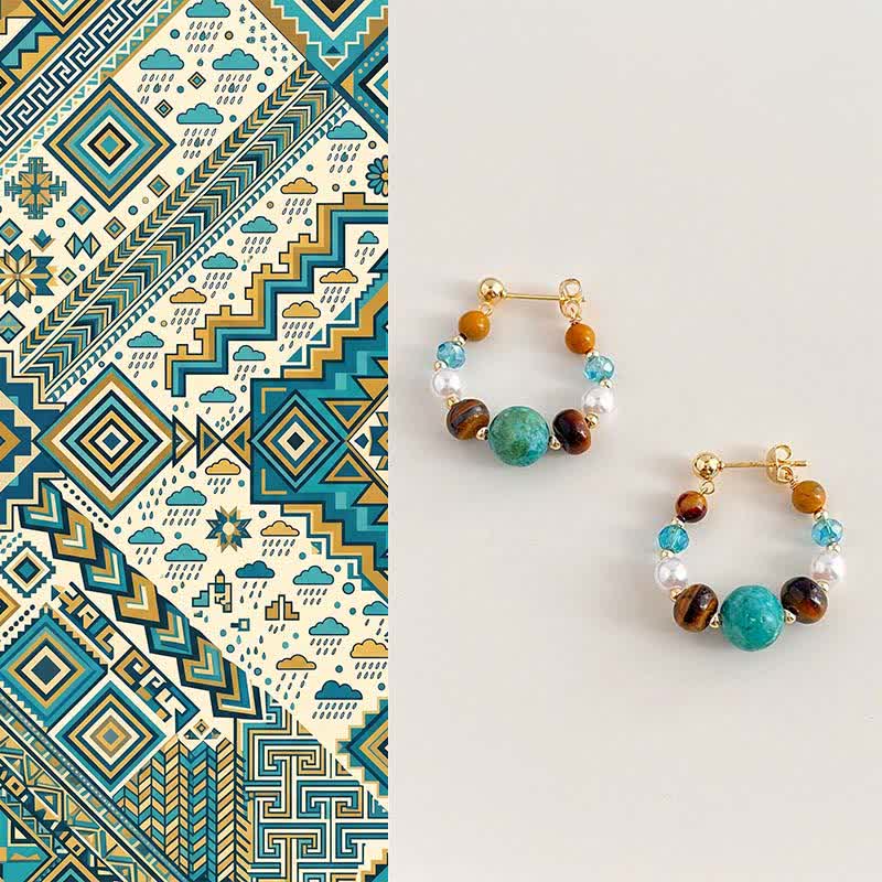 Nimara Ritual Turquoise Tiger Eye Pearl Handmade Protection Earrings