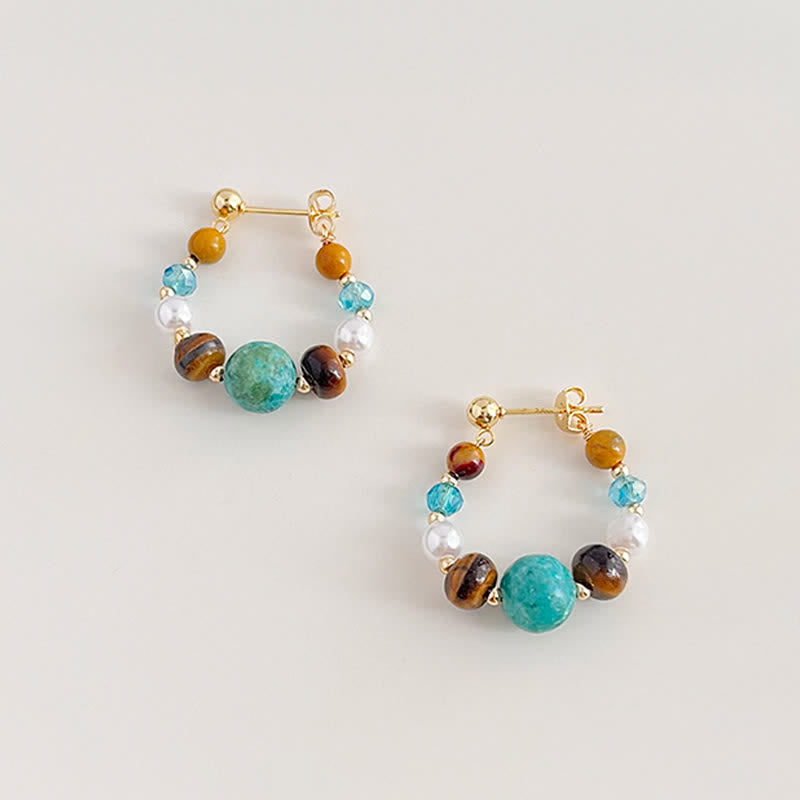 Protection and Courage Turquoise Tiger Eye Pearl Handmade Earrings