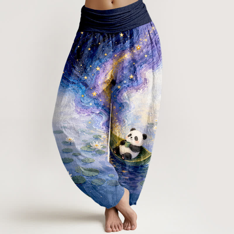 Nimara Ritual Pure Cotton Starry Lotus Panda Pattern Women's Elastic Waist Harem Pants