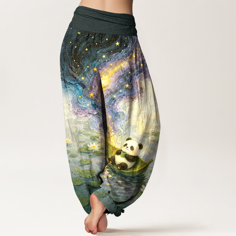 Nimara Ritual Pure Cotton Starry Lotus Panda Pattern Women's Elastic Waist Harem Pants